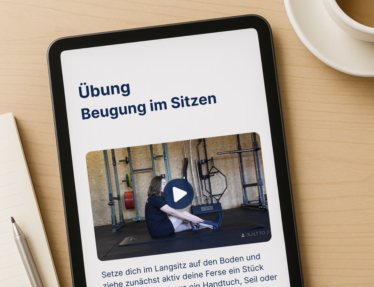 Tablet zeigt Vorschau eines Reha-Videos zur Kniebeugung nach Kreuzbandriss, dargestellt auf einem Schreibtisch mit Notizbuch, Stift und Kaffeetasse
