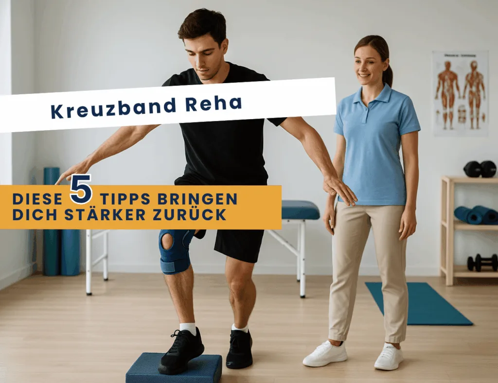 Junger Athlet beim Einbeintraining nach Kreuzbandriss unter Anleitung einer Physiotherapeutin – gezielte Kreuzband Reha-Übung zur Stabilisierung des Knies in moderner Praxisumgebung.