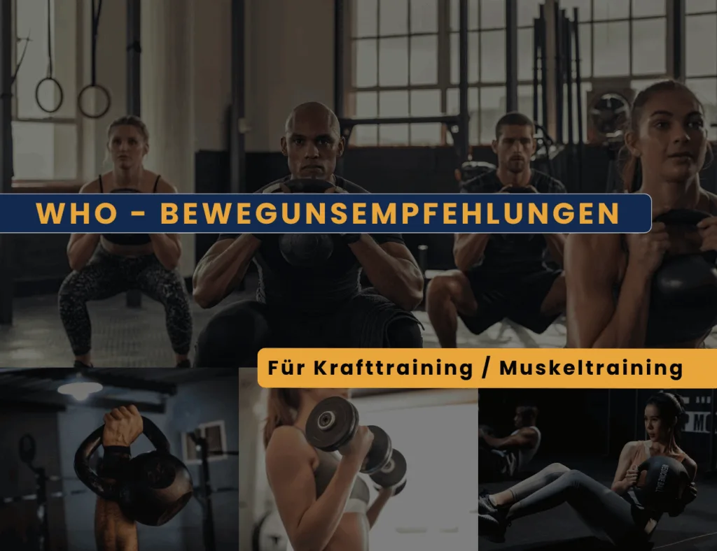 Collage mit trainierenden Personen beim Krafttraining, unterlegt mit dem Text WHO-Bewegungsempfehlungen für Krafttraining und Muskeltraining – visuelle Darstellung der offiziellen Empfehlungen der Weltgesundheitsorganisation zur Muskelkräftigung