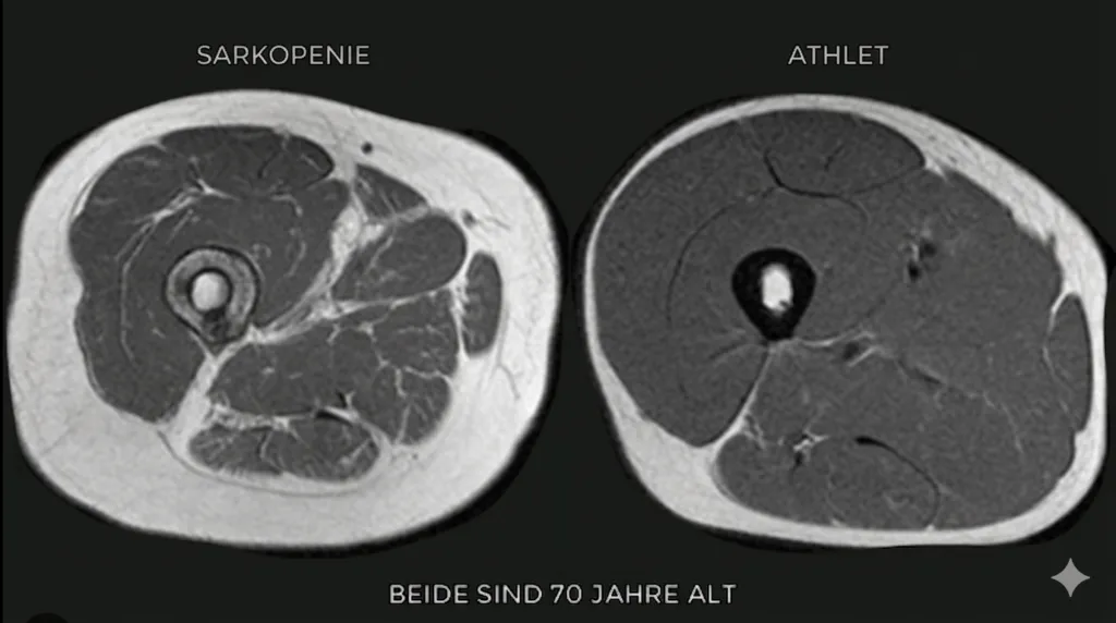 Auf dem Bild ist ein Oberschenkelquerschnitt zu sehen von einem 70 Jährigen unttrainierten und von einem 70 jährigen Athleten