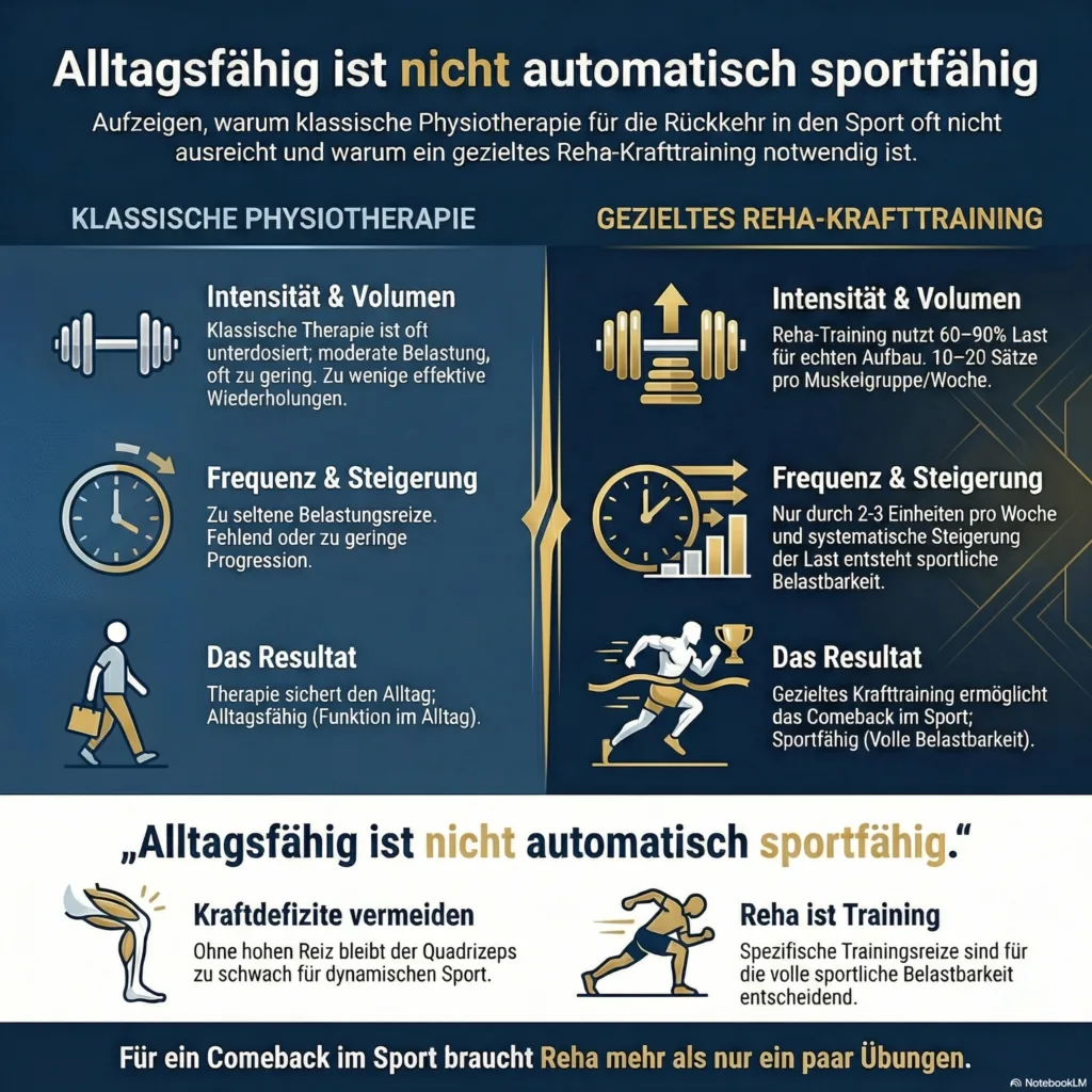 Infografik zur Kreuzband-Reha mit Vergleich zwischen zu niedrig dosierter Reha und gezieltem Reha-Krafttraining. Gezeigt werden Unterschiede bei Intensität, Volumen, Progression und dem Ergebnis für die Rückkehr in den Sport.
