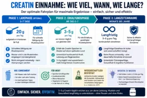 Grafik zur Creatin Einnahme mit Empfehlung von 3 bis 5 Gramm Creatin-Monohydrat täglich ohne notwendige Ladephase.