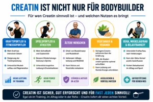 Übersichtsgrafik zeigt, für wen Creatin geeignet ist, darunter Kraftsportler, Athleten, ältere Menschen, Vegetarier, Veganer und Reha-Patienten