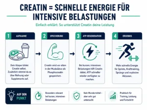 Grafik erklärt, wie Creatin als Phosphocreatin in der Muskulatur gespeichert wird und die schnelle ATP-Regeneration unterstützt.