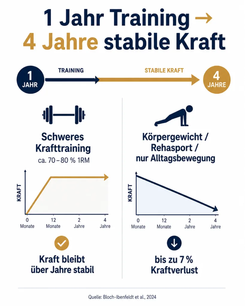 Infografik zeigt, dass ein Jahr schweres Krafttraining im Alter die Kraft über vier Jahre stabil halten kann, während Körpergewichtstraining, Rehasport oder reine Alltagsbewegung zu bis zu 7 Prozent Kraftverlust führen können.