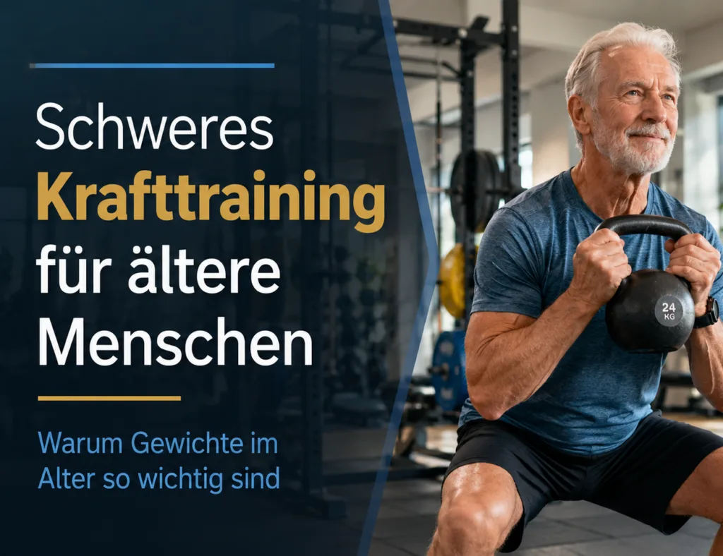 Älterer Mann macht angeleitetes Krafttraining mit Kettlebell im Fitnessstudio, um Kraft, Selbstständigkeit und Gesundheit im Alter zu erhalten.