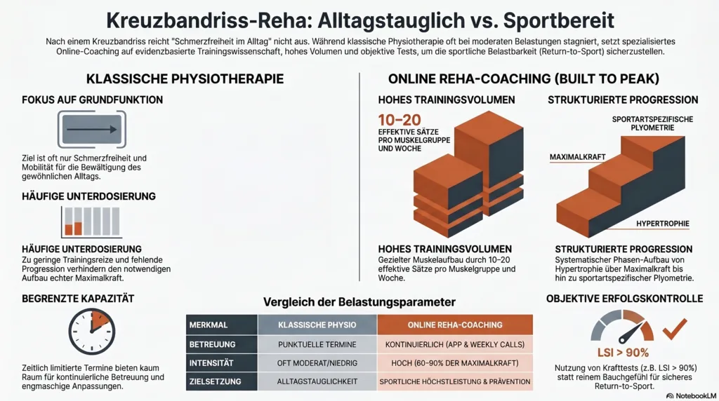 Infokrafik die den Unterschied zwischen klassicher Physiotherapie und Kreubzbandcoaching zeigt